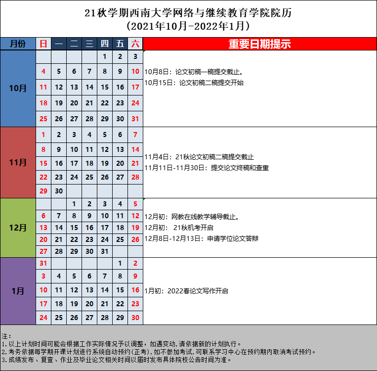 21秋學(xué)期西南大學(xué)網(wǎng)絡(luò)與繼續(xù)教育學(xué)院院歷 (2021年10月-2022年1月)